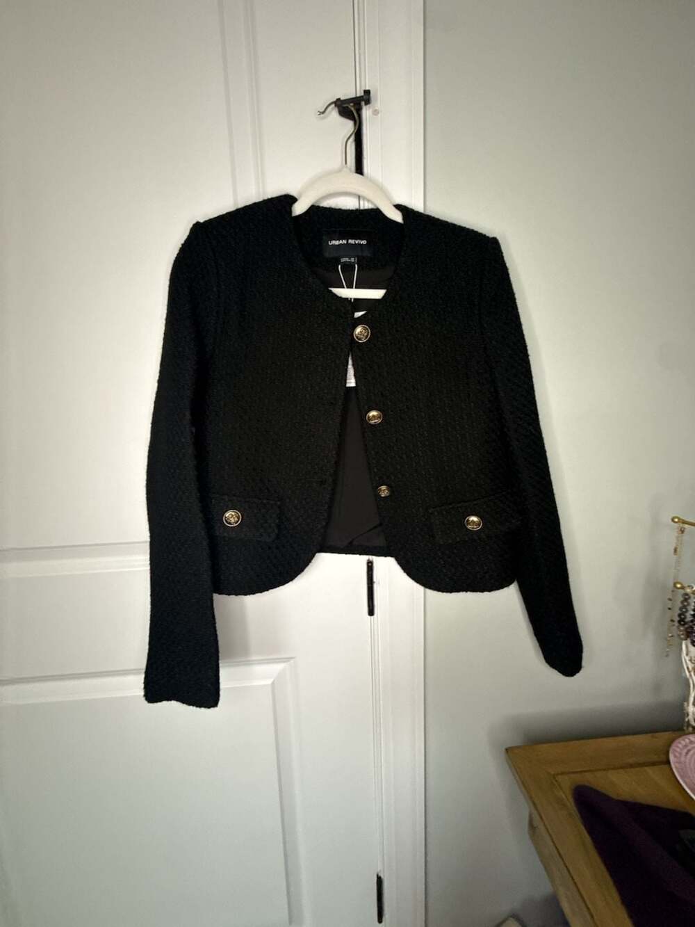Urban Revivo Tweed Crop Blazer US 6 Black Gold Button